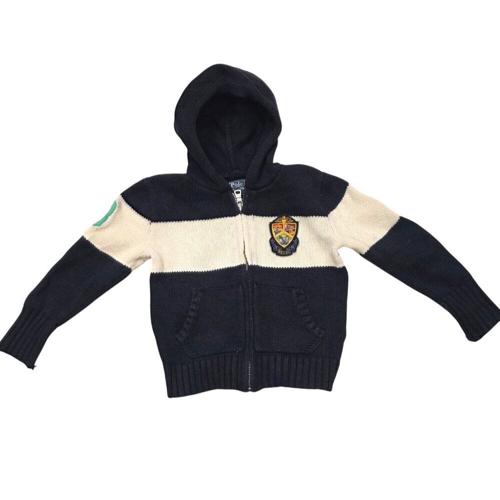 Polo Ralph Lauren Cotton Navy Sweater Preppy Knit Hoodie With Crest Patch 24M